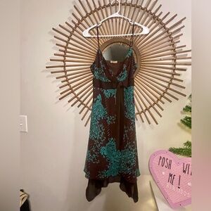 Vintage Y2K Elegant Brown & Teal Midi Dress Handkerchief Hem Fairy Core Paisley